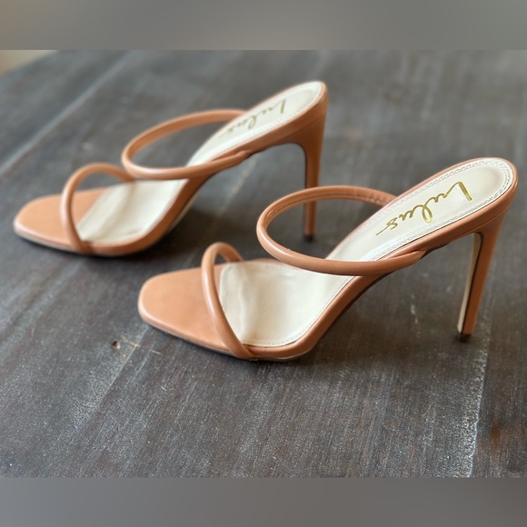 Lulus Theyaa Tan Square-Toe High Heel Sandals Two Straps Dressy Size 10 EUC - Picture 6 of 7